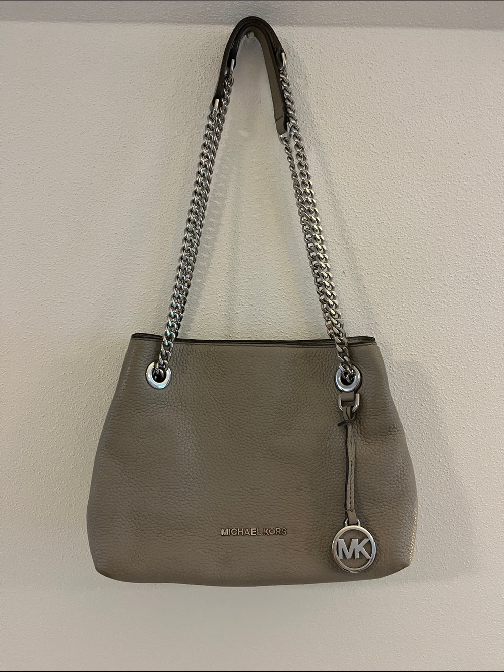 Michael Kors Taupe Pebbled Leather Shoulder Bag with Silver Chain Straps